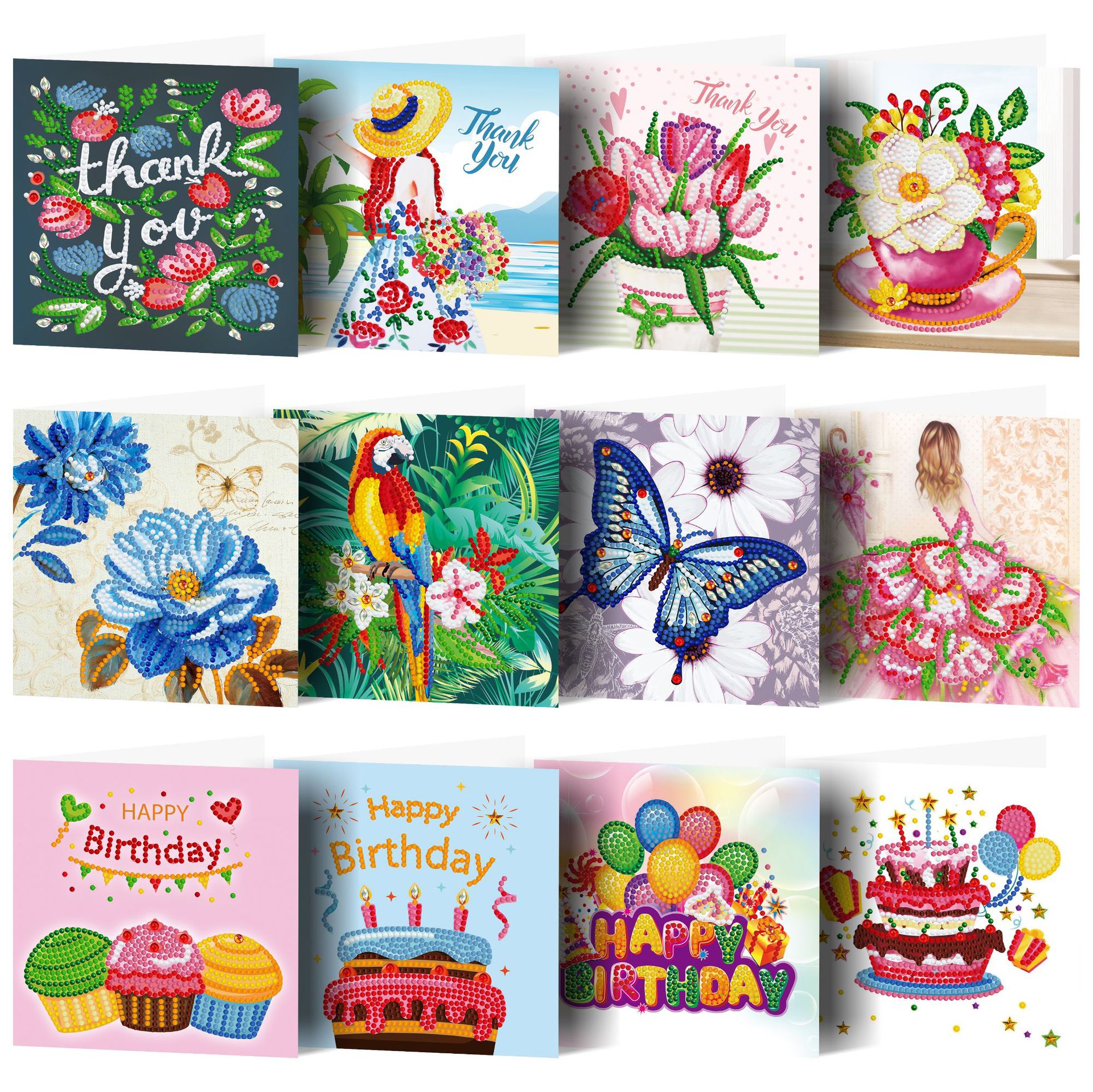 12pcs DIY Diamond Painting Greeting Cards Mosaic Birthday Postcard