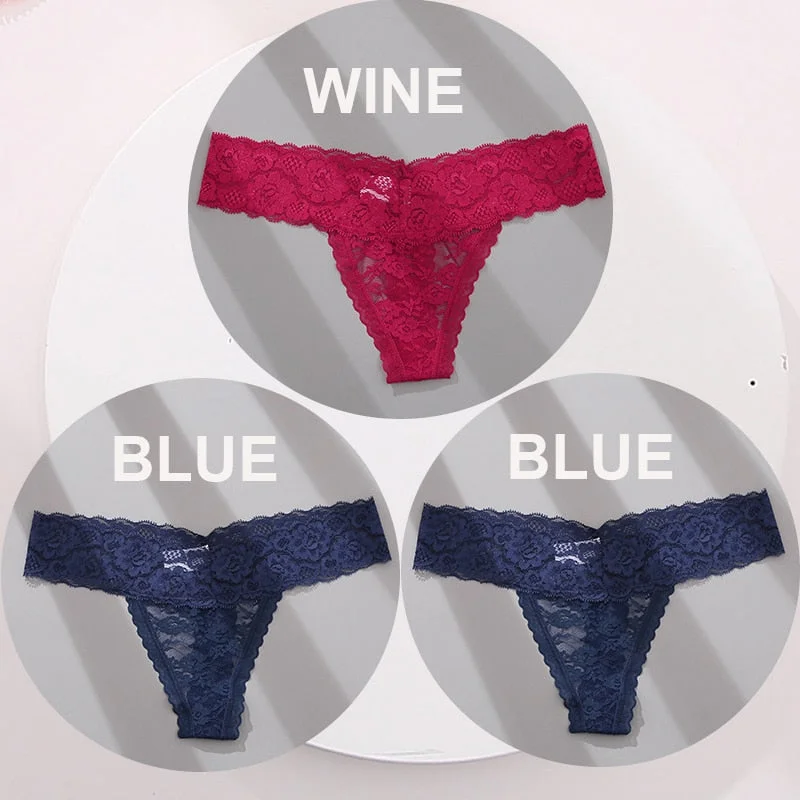 FINETOO 3PCS/Set M-XL G-string Thong Panties for Woman Sexy Lace Floral Underwear Transparent Women's Underpants Female Lingerie