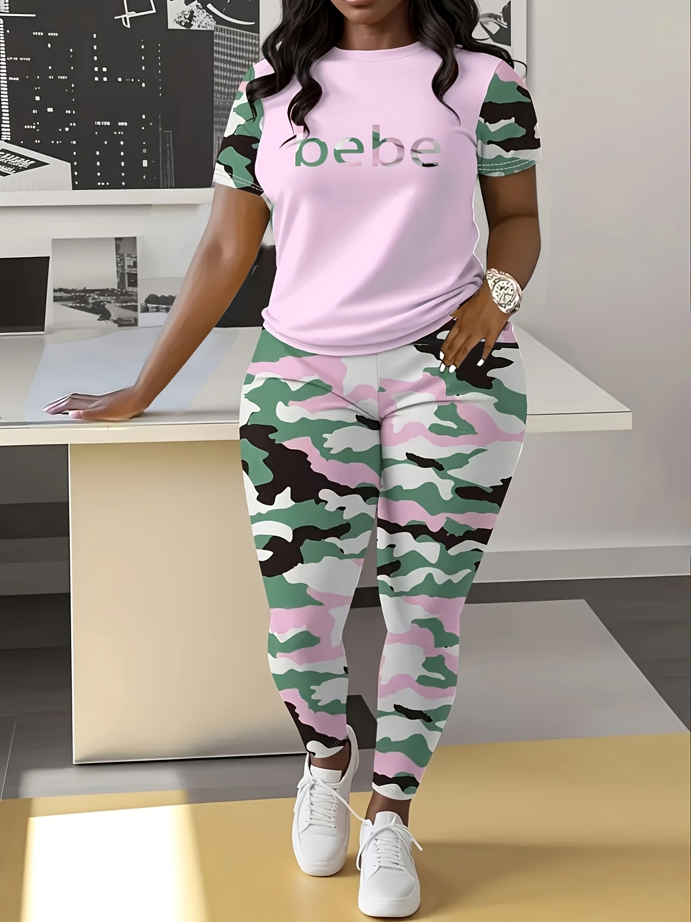 Comfy Polyester Blend Camo Patchwork Bebe&Nope&Queen Crown Letter Print Spring/Summer Set - Machine Washable T-Shirt & Joggers For Women | IFYHOME