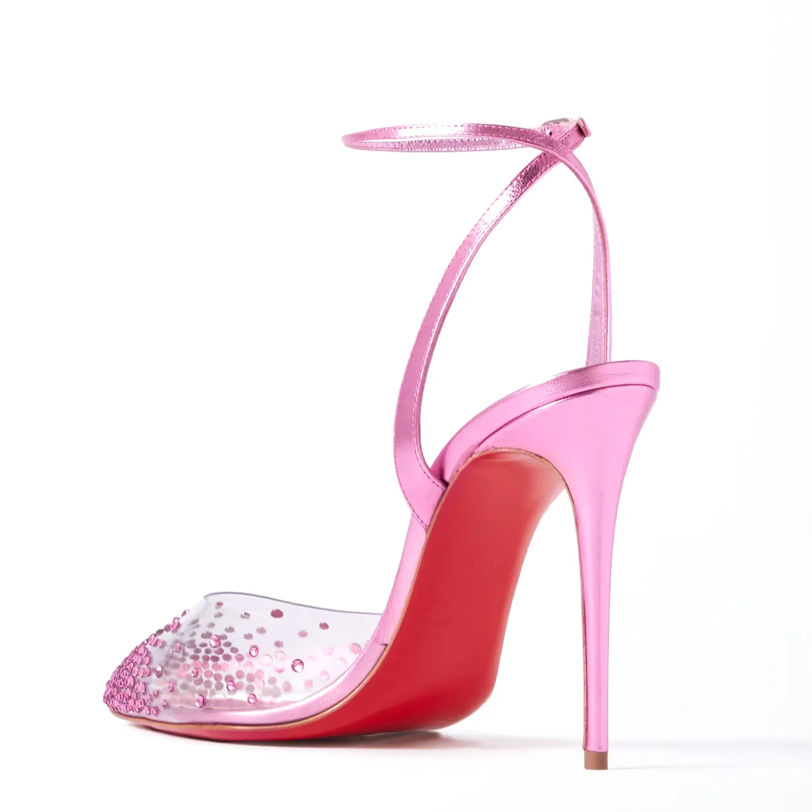 100mm Crystal Embellished PVC Metallic Pointy Toe Red Bottom Pumps Sandals-vocosishoes