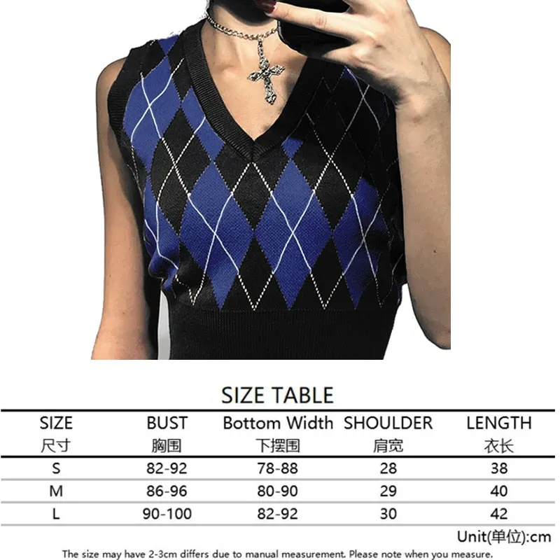 Argyle Sweater Vest Women  Black Sleeveless Plaid Knitted Crop Sweaters Casual Autumn Preppy Style 2020 tops V Neck Vintage
