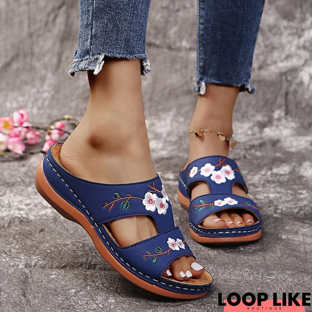 Wedge Platform Sandals Embroidered Floral Slippers