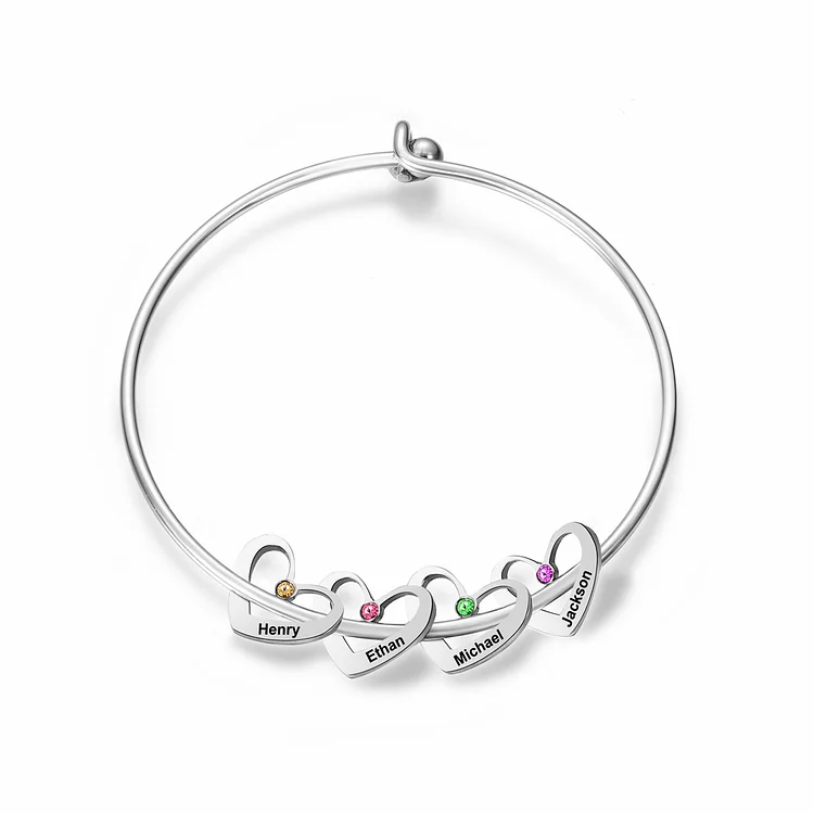 Personalized Heart Bangle With 4 Names and Birthstones Bangle Bracelet Mother's Day Gifts For women