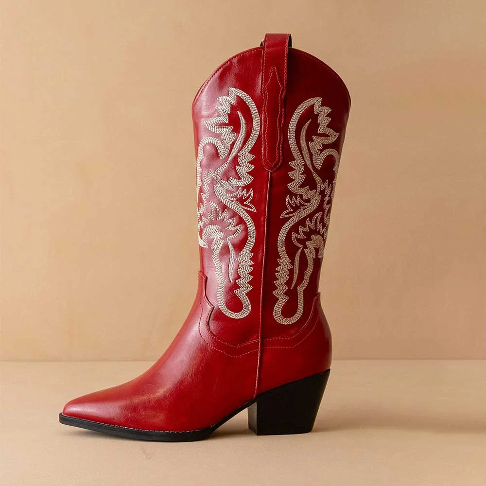 Red Pointed Toe Chunky Heel Pull On Embroidered Cowboy Boots for Women