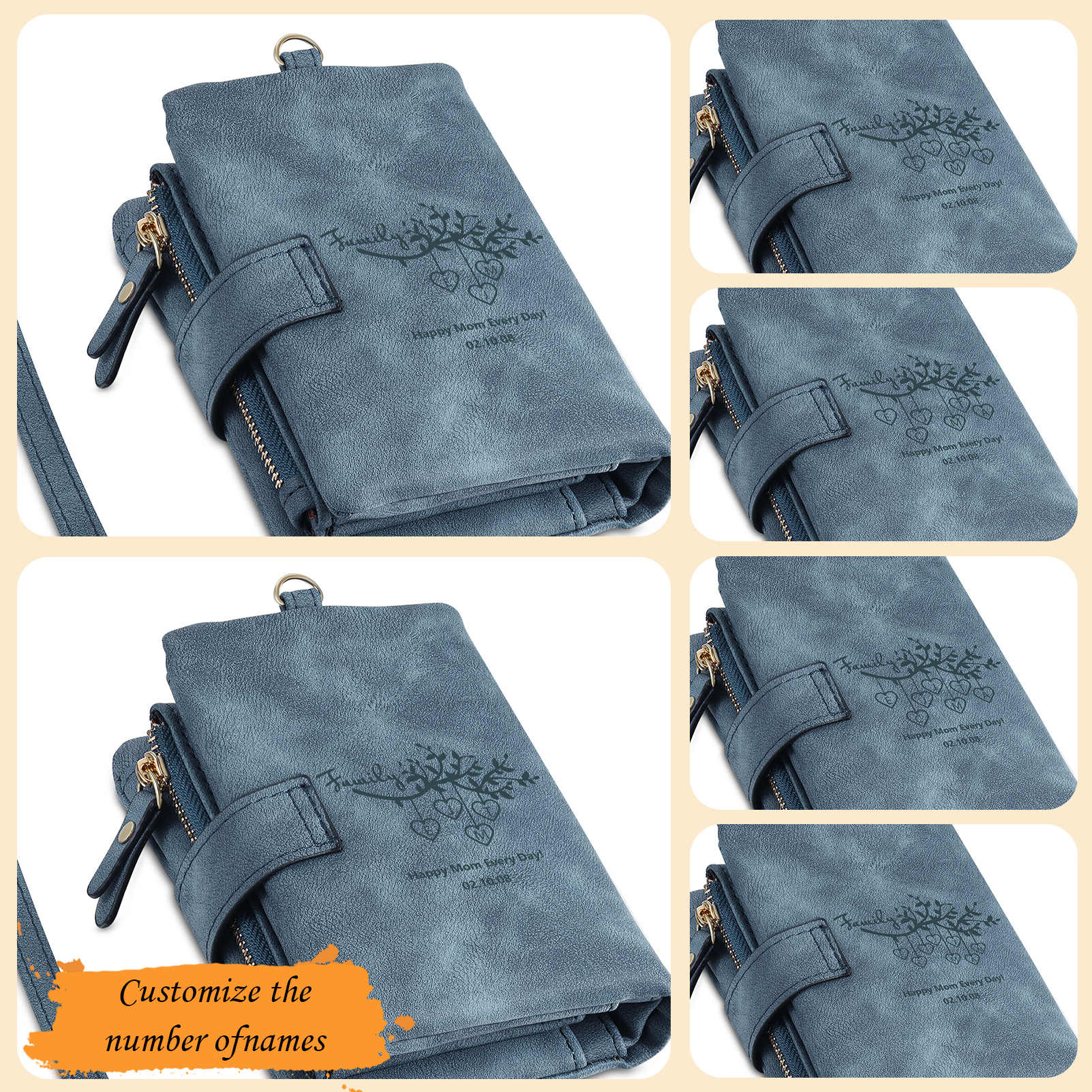 Portafoglio in PU pelle albero di vita con 8 letetre & 1 testo & 1 nome personalizzati per mamma/nonna