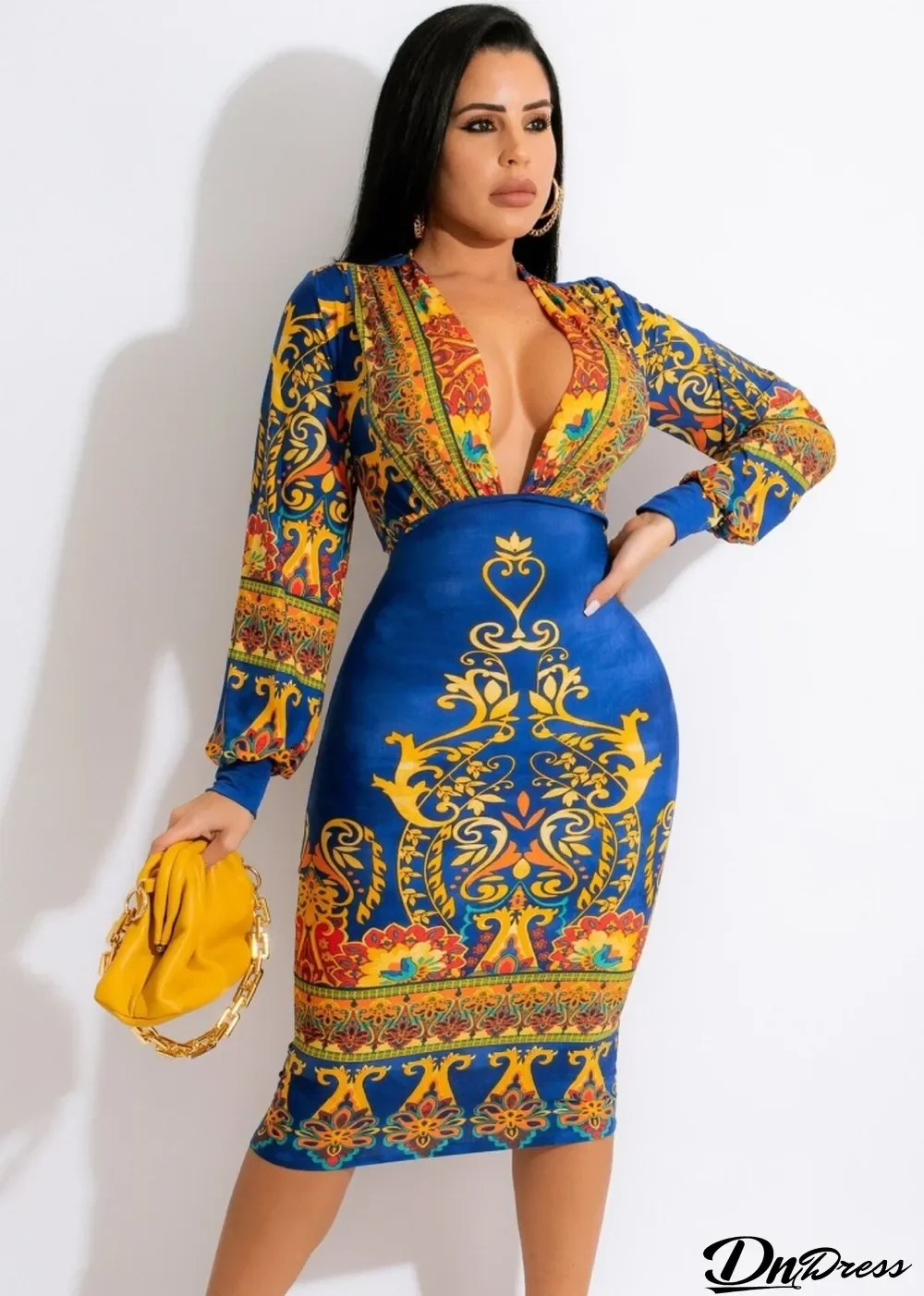 Spring Blue Print Ethic Deep-V Puff Sleeve Elegant Midi Dress