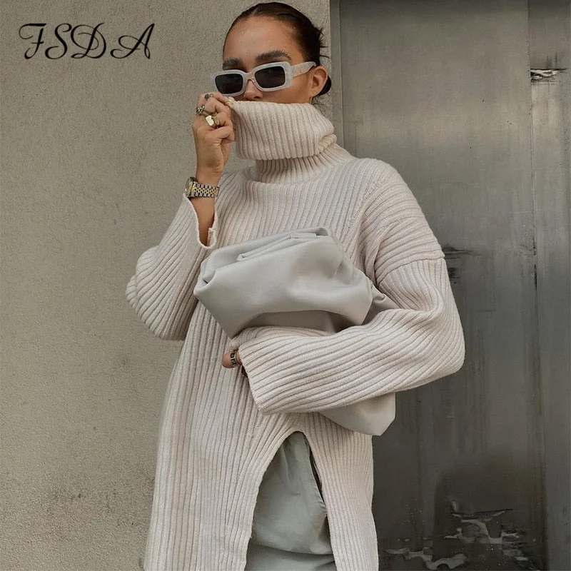 FSDA 2021 Autumn Winter Turtleneck Oversized Pullover Women Casual Loose Knitted Sweater Long Sleeve Jumper Tops Fashion