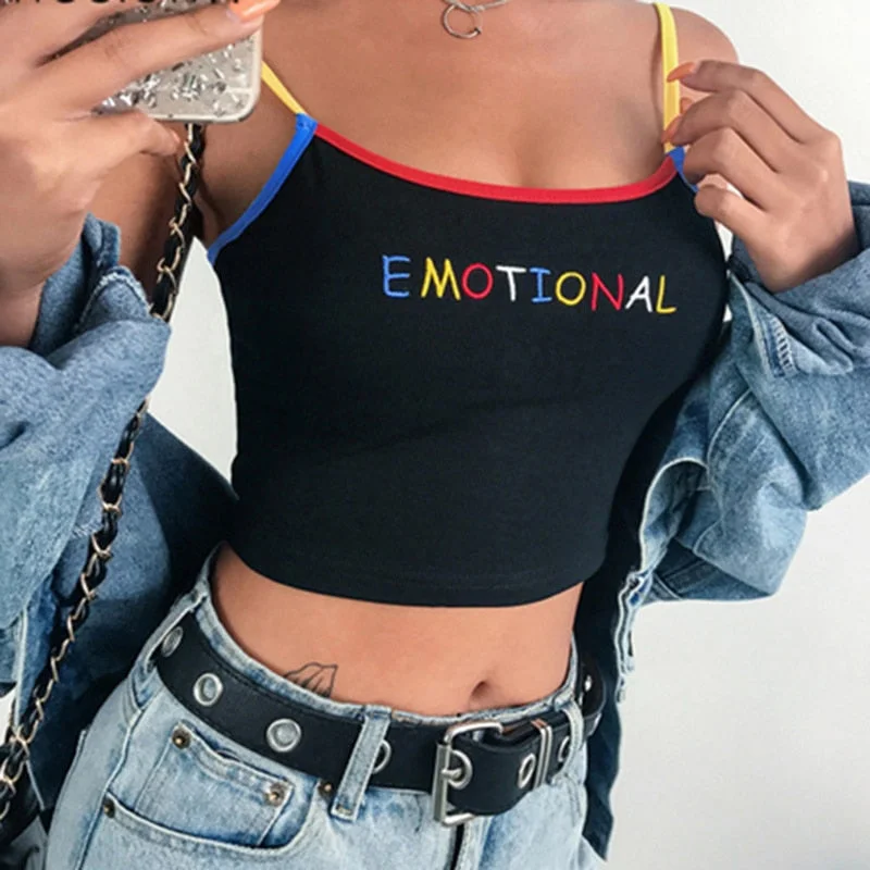 2020 Summer Women Crop Top Cropped Ladies Spaghetti Strap Elastic Camisole Sexy EMOTIONAL Letter Embroidery Tank Tops