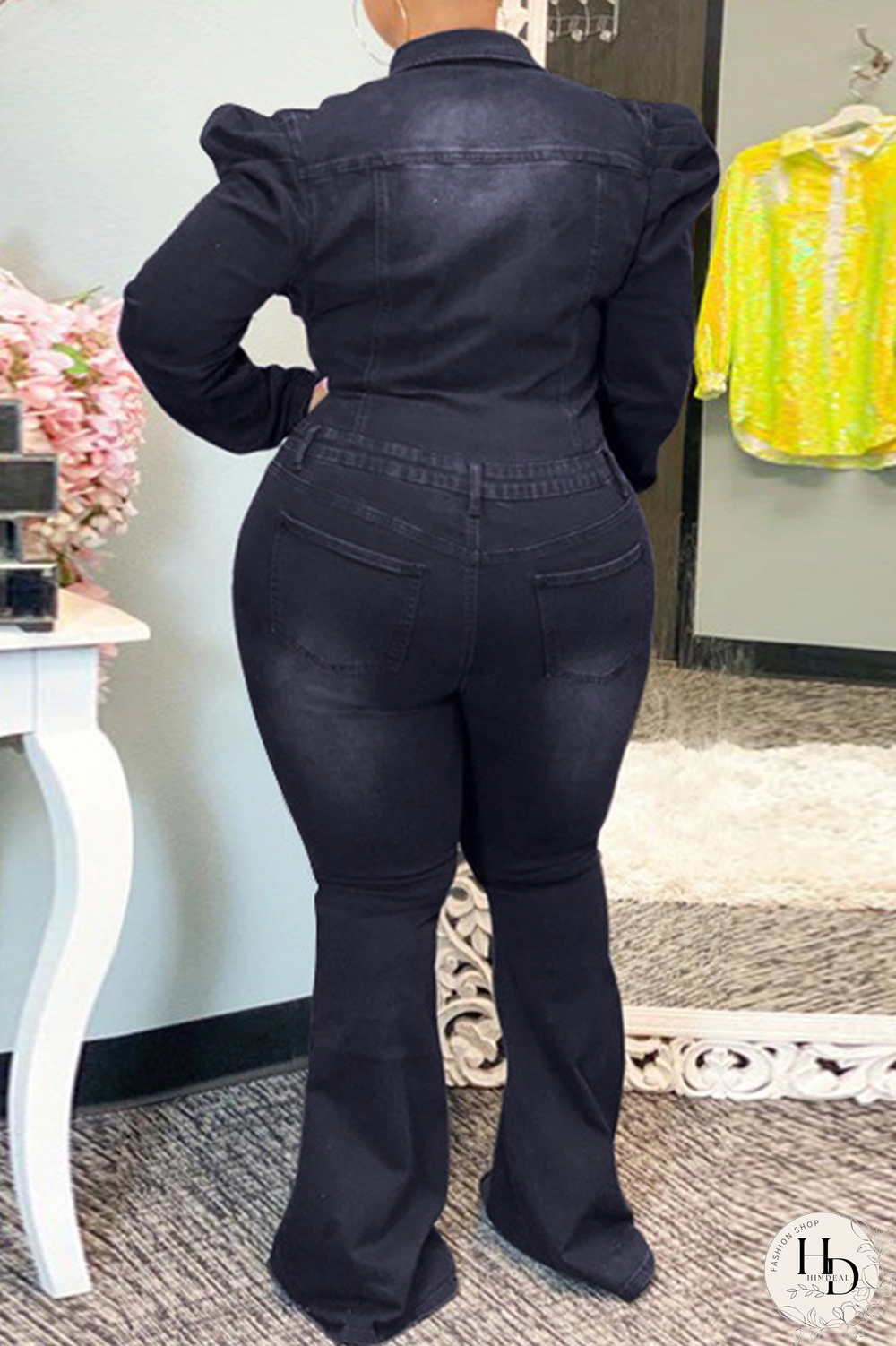 Dark Blue Sexy Denim Solid Buttons Turndown Collar Plus Size