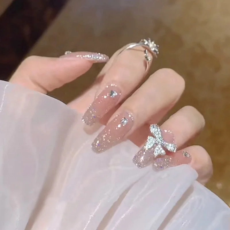 24pcs Rhinestone Design Fake Nails Shiny Bridal Women Lady party nail DIy Decorations Press On nail Tips False Nail Patch-Nail Inspo
