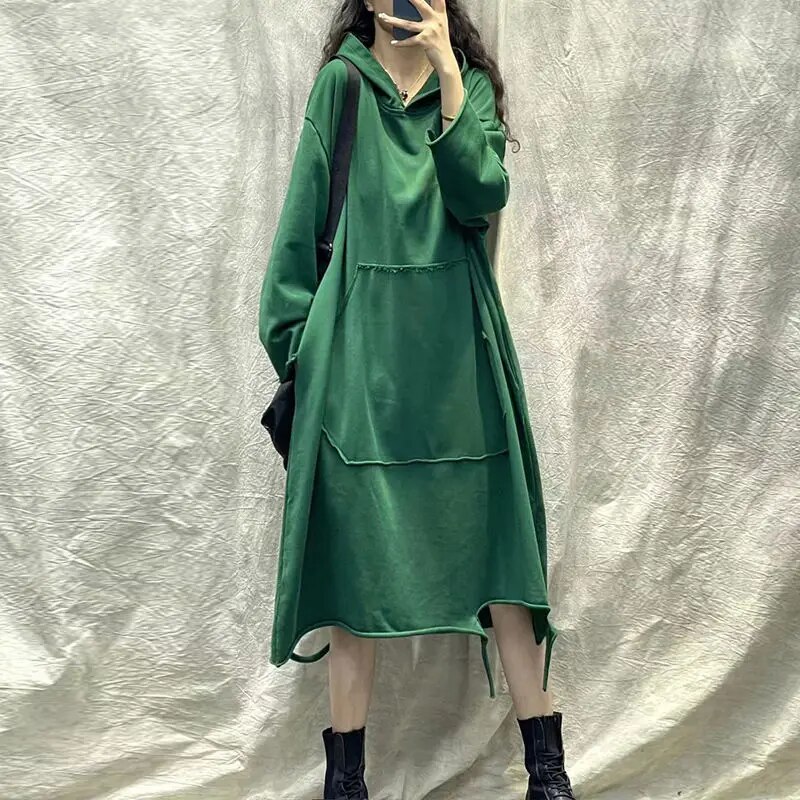 Spring Autumn New Arts Style Women Long Sleeve Loose Hooded Dresses Patch Design Pockets Solid Knee-length Vintage Dress