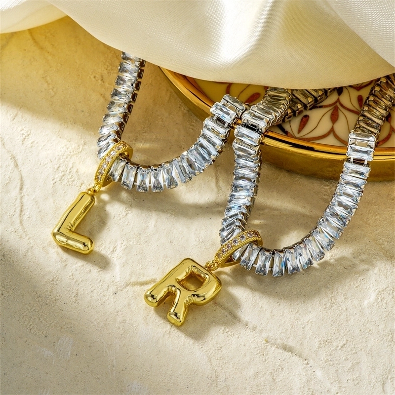Copper K Gold Plated Inlay Letter Zircon Pendant Necklace