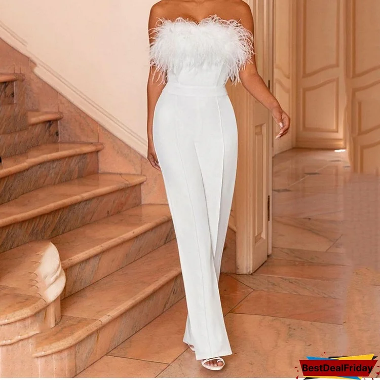 Women's Feather Tube Top Solid Color Pants One Shoulder Off Back Sexy Jumpsuit