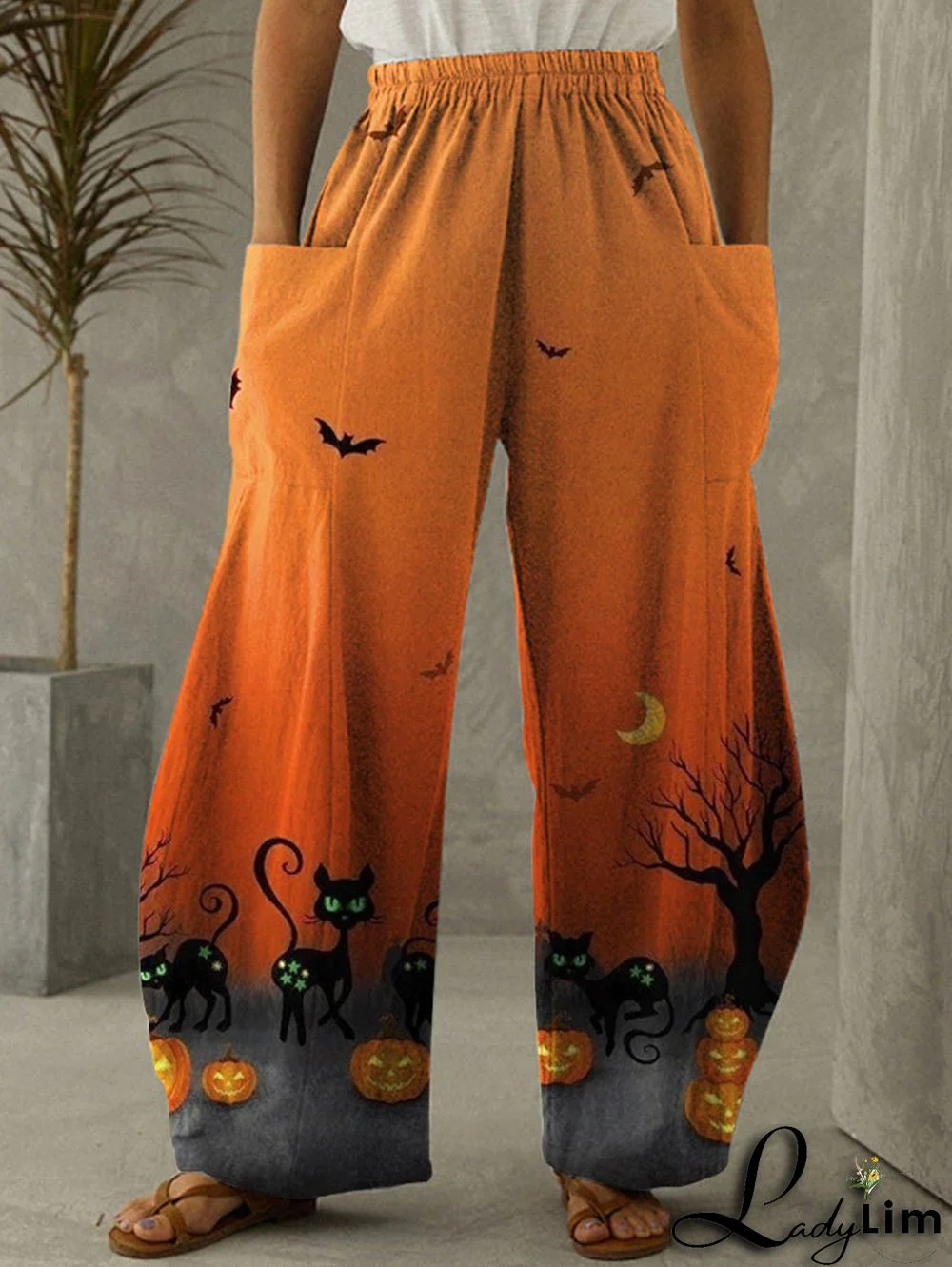 Halloween Bat Pumpkin Casual Pocket Wide Leg Pants