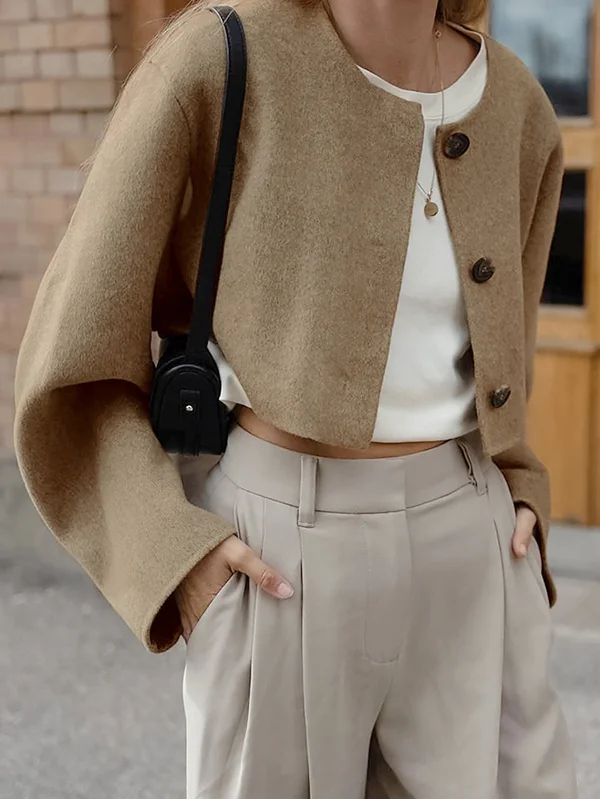 Long Sleeves Loose Buttoned Velvet Round-Neck Woolen Coat