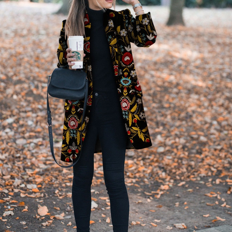 Winter Flower Print Pattern Coats Long Sleeve Vintage Coat Casual Women Slim Jacket Female