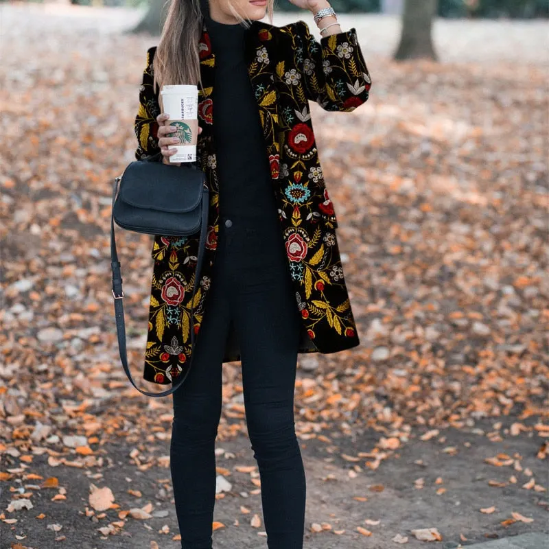 Winter Flower Print Pattern Coats Long Sleeve Vintage Coat Casual Women Slim Jacket Female