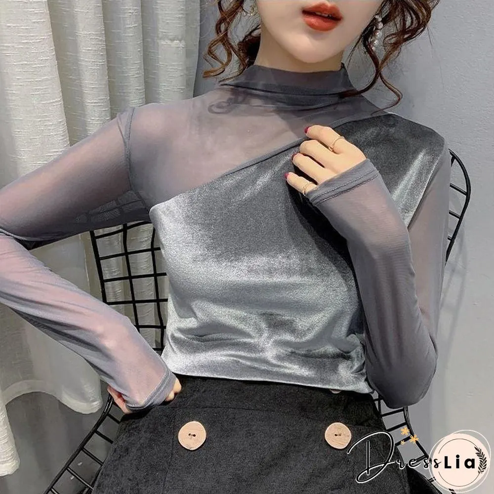 Sexy Mesh Joint Velvet Shirt