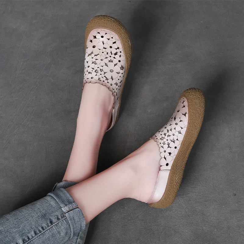 Yyvonne Half Slippers Women's Summer New National Style Wear Retro Soft Sole Shoes Flat Sandals Hollow Women's Shoes