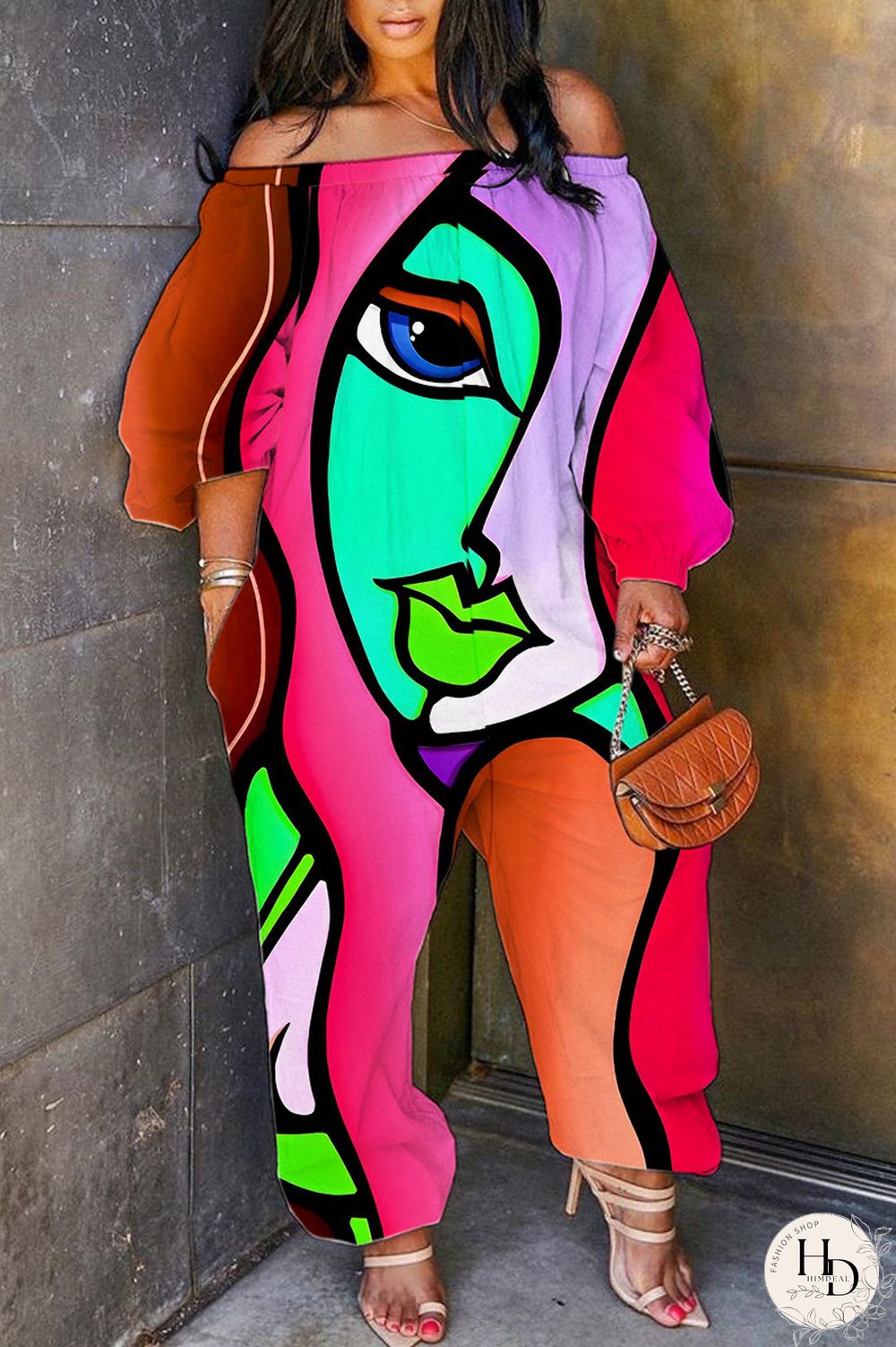 Rose Purple Casual Print Patchwork Off the Shoulder Regular Jumpsuits