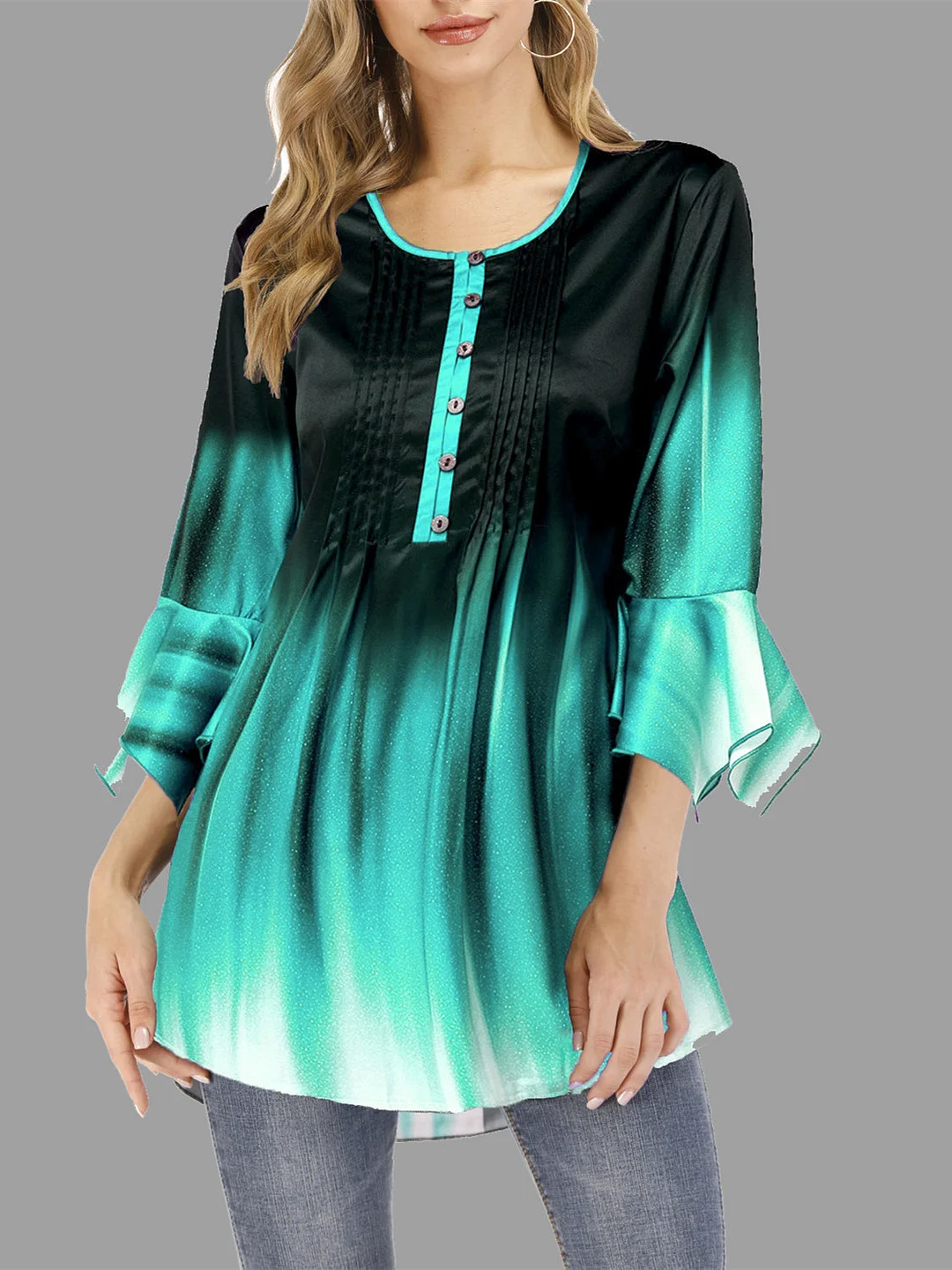 Women's Button Gradient U-Neck 3/4 Sleeve Top