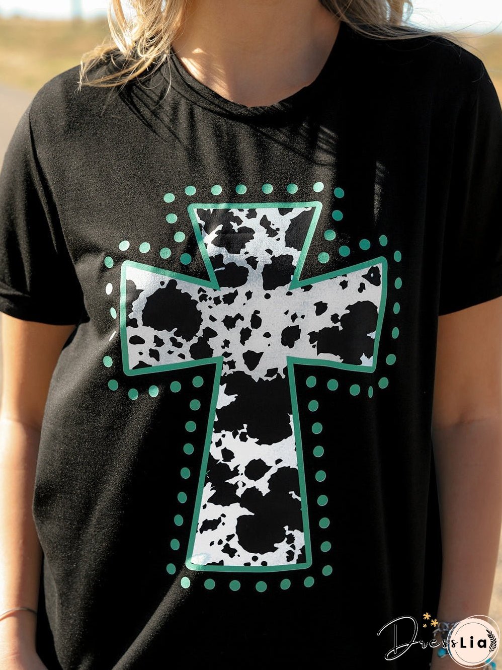 Cow Spots Cross Graphic Tee - Western Vibes