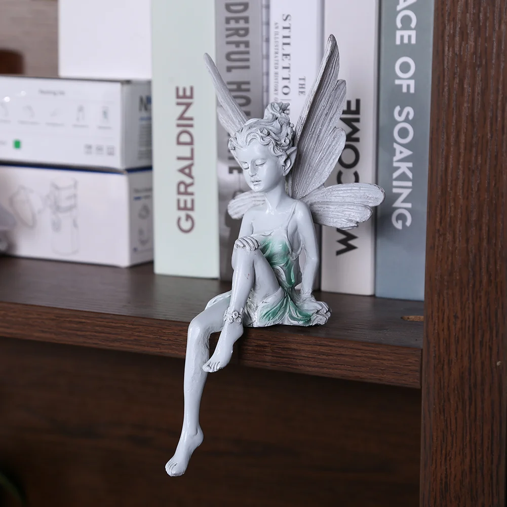 Flower Fairy Sculpture Resin Turek Sitting Statue Angel Yard Decor (White)