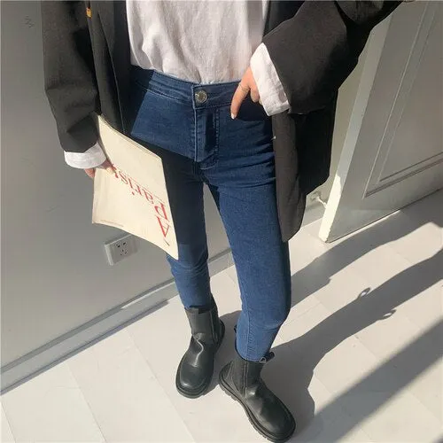 Jeans Women Korean Style Casual All-match Female Students High Waisted Spring Ulzzang 4 Colors Mujer Pure Color Pocket Simple BF