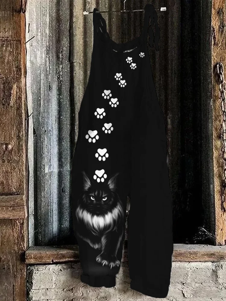 Elegant Black Cat And Paws Pattern Loose Fit Jumpsuit