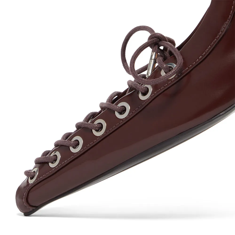 Women's Maroon Lace-Up Buckled Pointed Toe Casual Heeled Mules