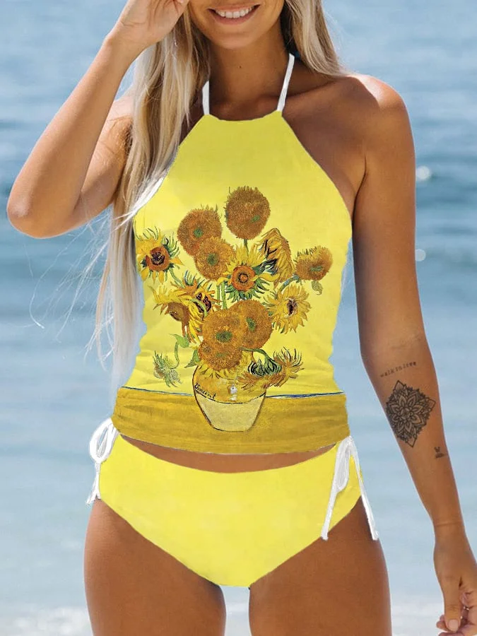 Women‘s Van Gogh Oil Painting Sunflower Strappy Holiday Two Piece Set
