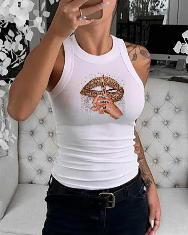 Lip print crew neck vest