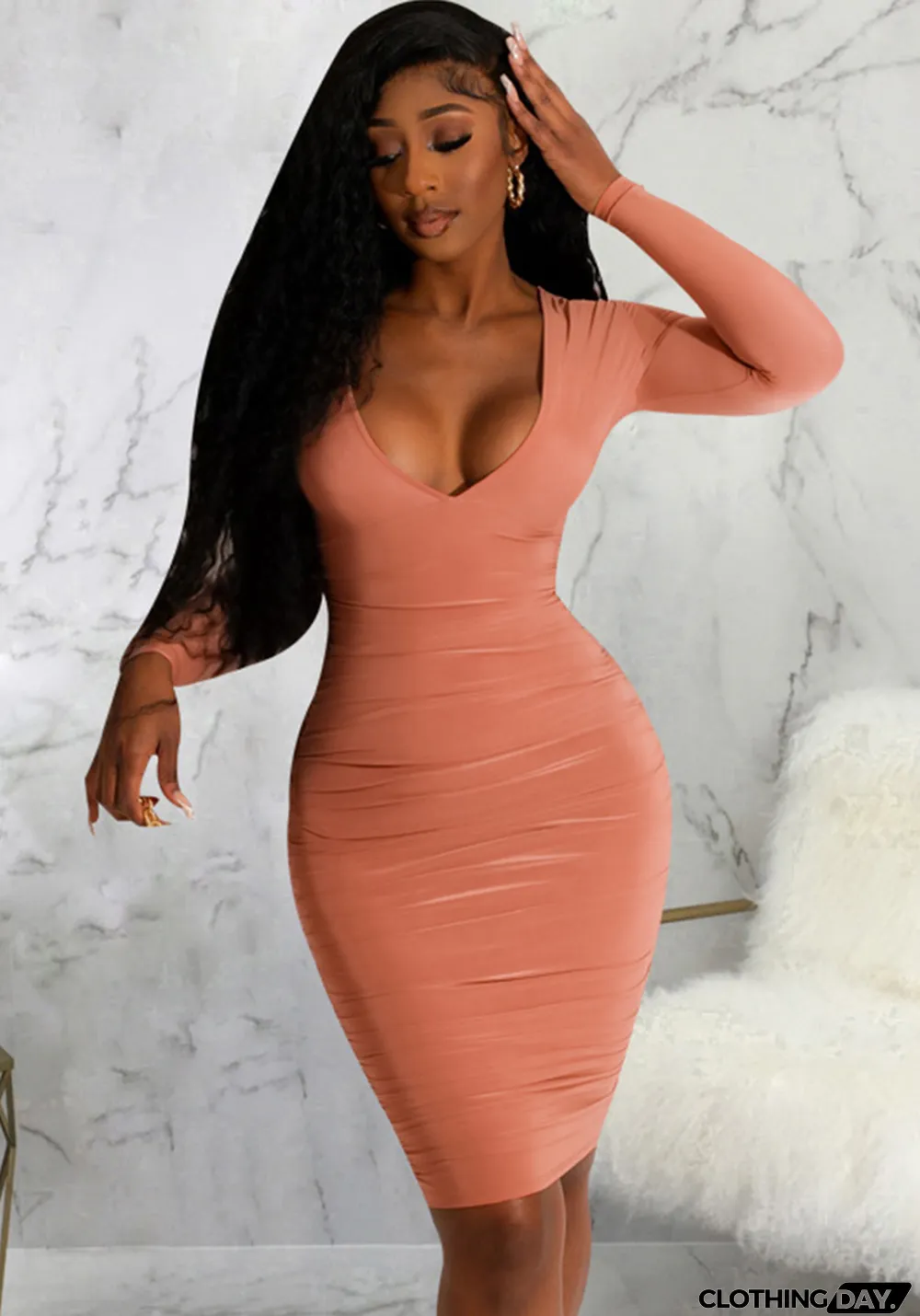Sexy Fashion Solid Color Nightclub Deep V Neck Dress