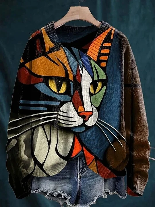 Cat Abstract Art Print Knit V-neck Pullover Sweater