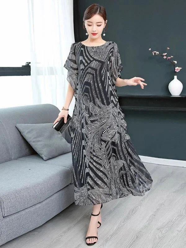 Simple o neck chiffon Wardrobes Women Sewing black print Kaftan Dress