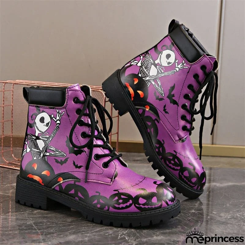 Halloween Element Printed Women's Lace-up Round Toe Martin Boots