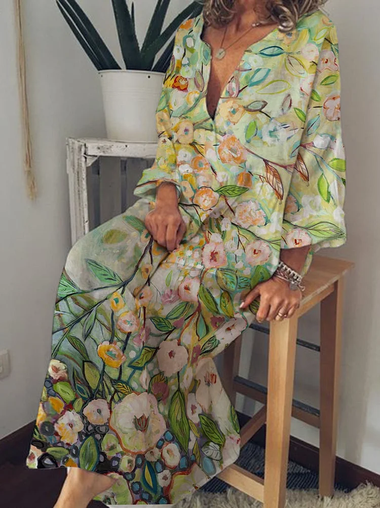 Flower Print  V- Neck Long Sleeve Casual Dress-Mayoulove