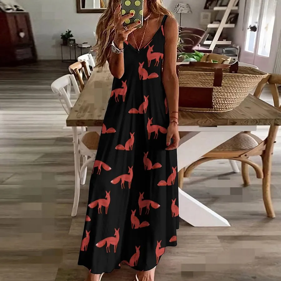 2 Sided Minimalist Red Fox Winter Forrest Women's Casual Strappy V Neck  Sleeveless Flowy Loose Long Maxi Beach Dress Sundress