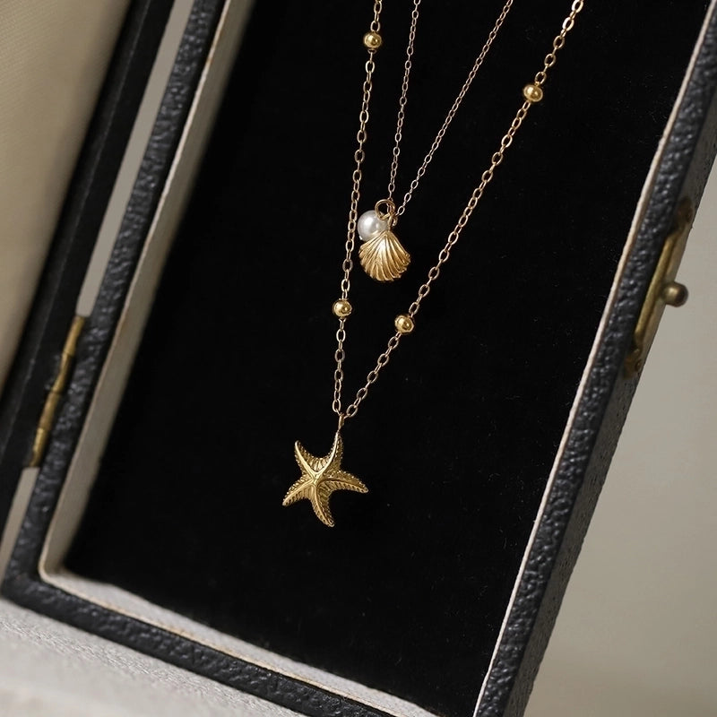 Cute Vintage Style Vacation Geometric Starfish Shell 304 Stainless Steel 18K Gold Plated Double Layer Necklaces