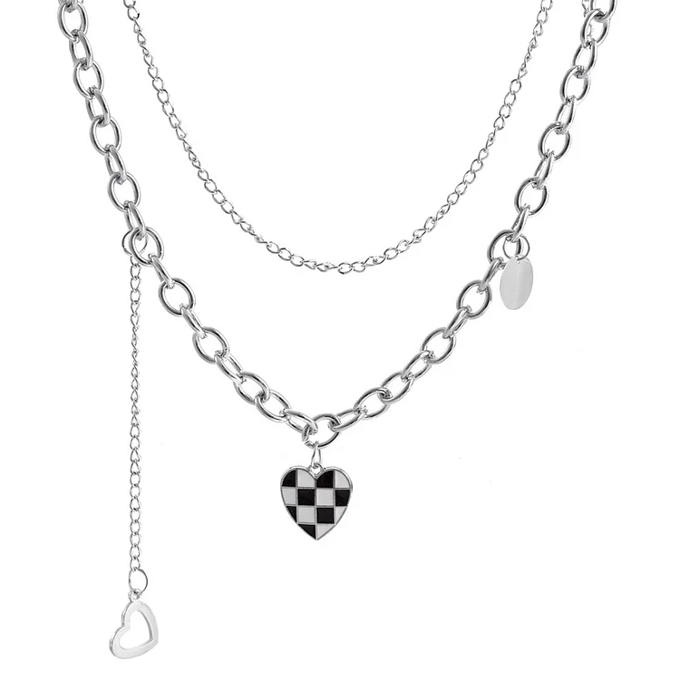 Alloy Checkerboard Love Clavicle Chain Necklace Women Casual Punk Pendant