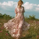 Retro Pink Rose Design V-neck Long-sleeve Casual Dress - Image 2