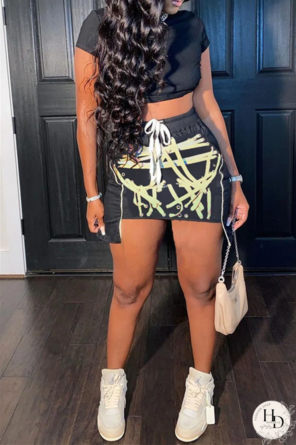 Red Fashion Sexy Print Asymmetrical O Neck Short Sleeve Two Pieces