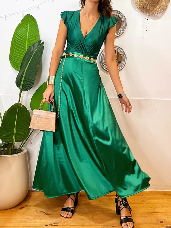 Solid Color Short Sleeves V-Neck Maxi Dresses