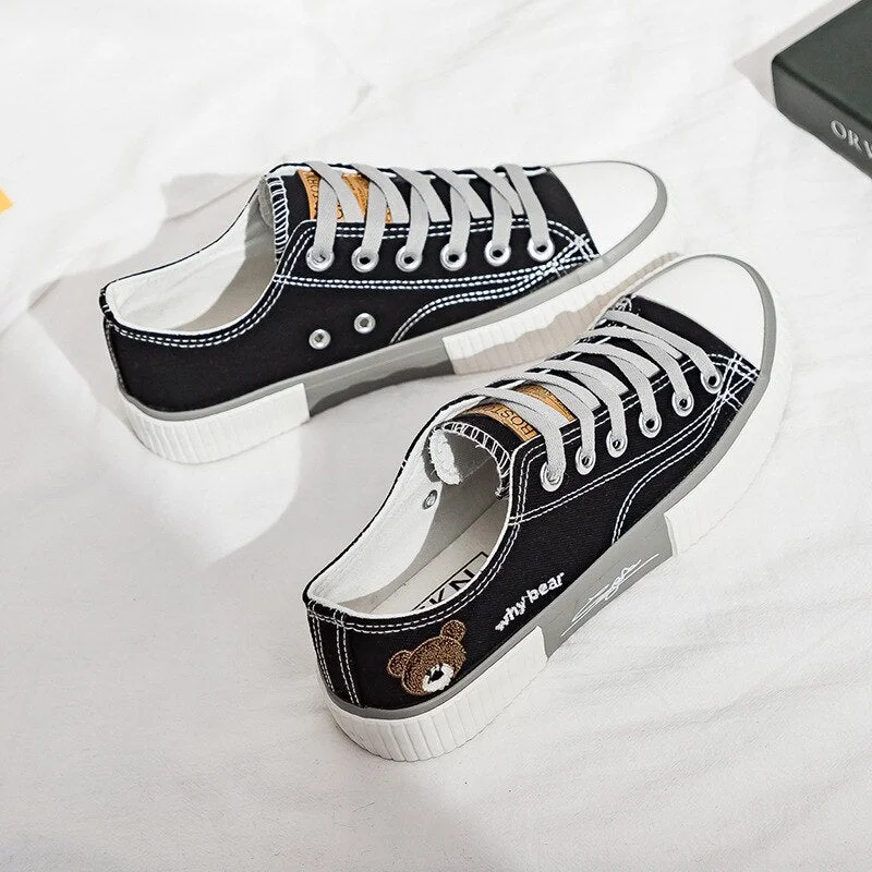 Fashion Women Canvas Shoes High Top Flat Shoes for Women White Black Sneakers Board Shoes Bear Canvas Sneakers Sneakers Women