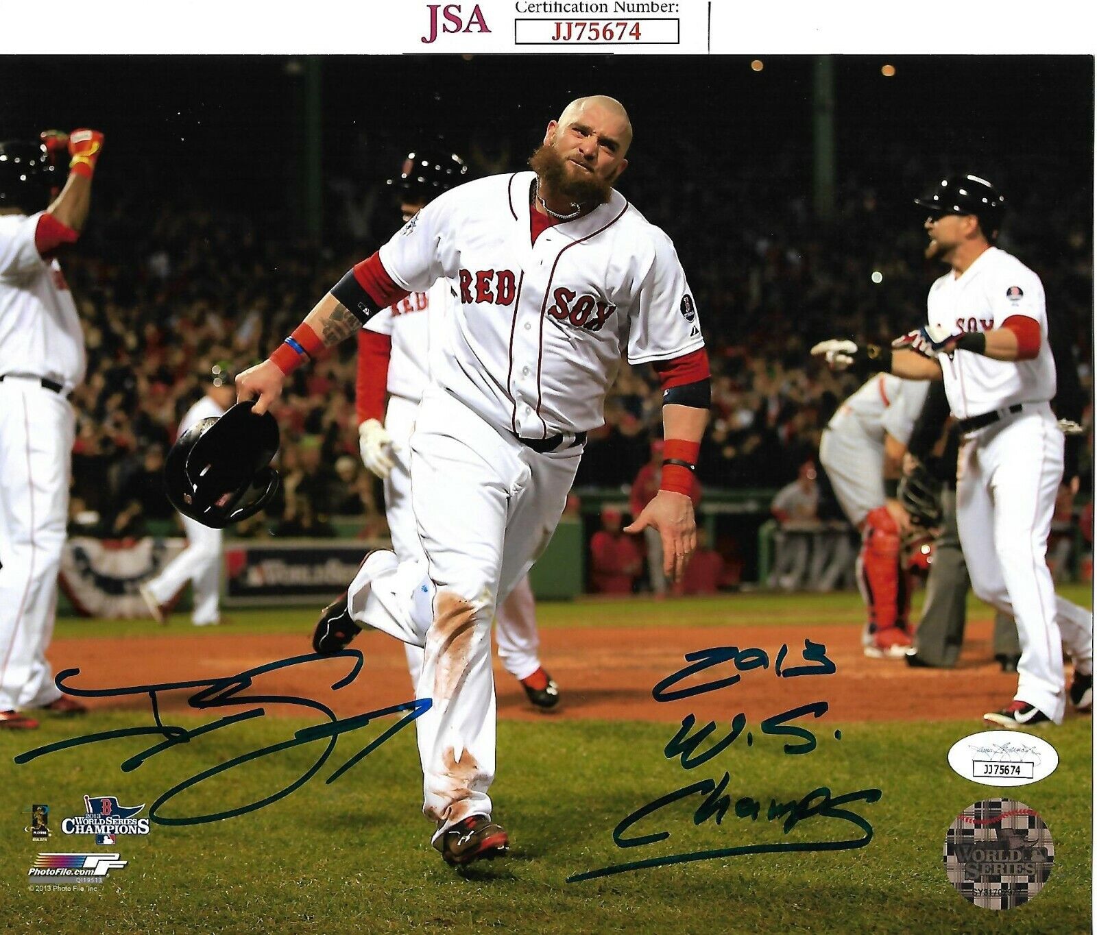 JONNY GOMES signed BOSTON RED SOX WORLD SERIES CHAMPS INSCRIPTION 8X10 Photo Poster painting JSA