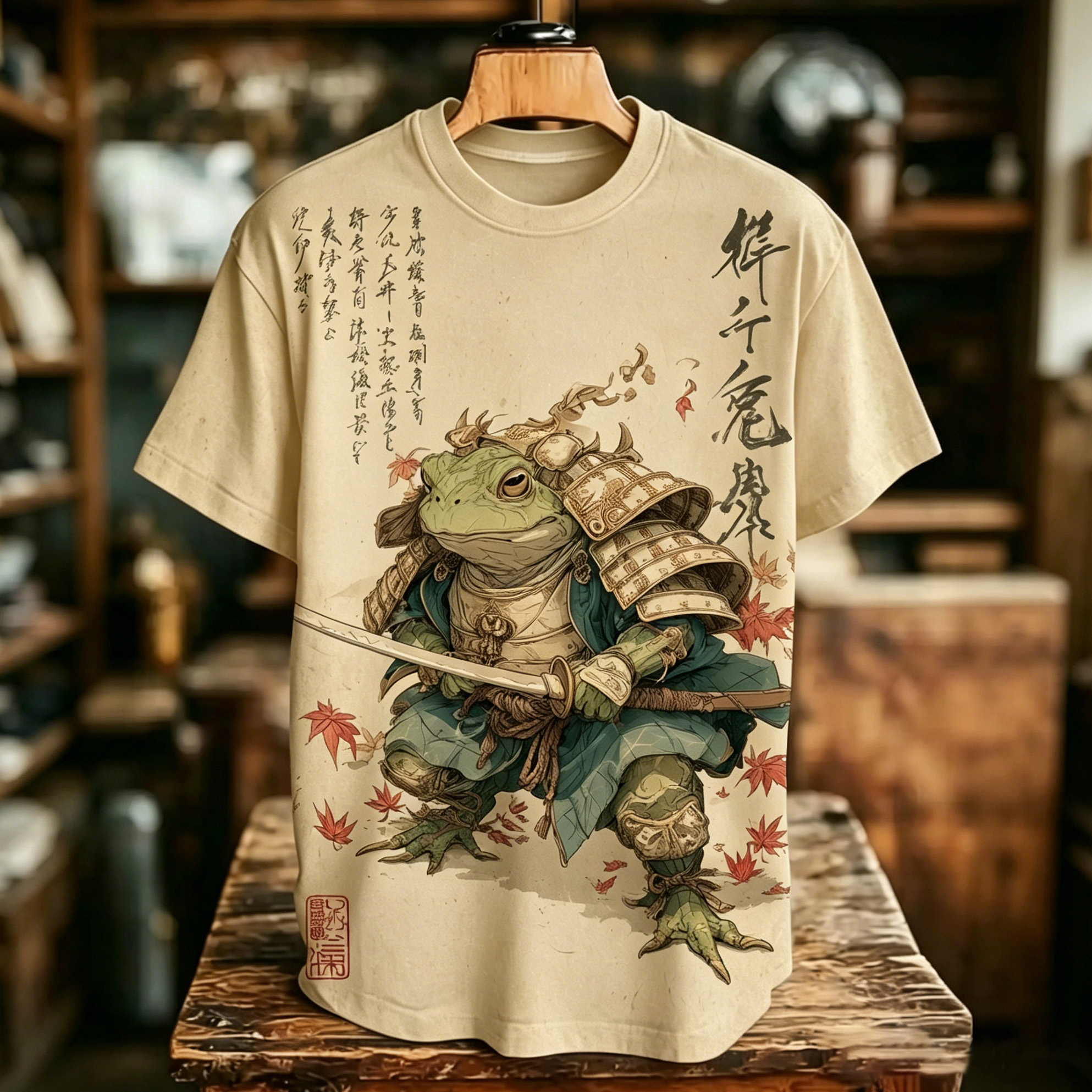Comstylish Men's Retro Samurai Frog And Calligraphy Art Print T-shirt