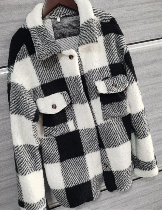 Winter Long Sleeve Double Pocket Plaid Furry Coat Women