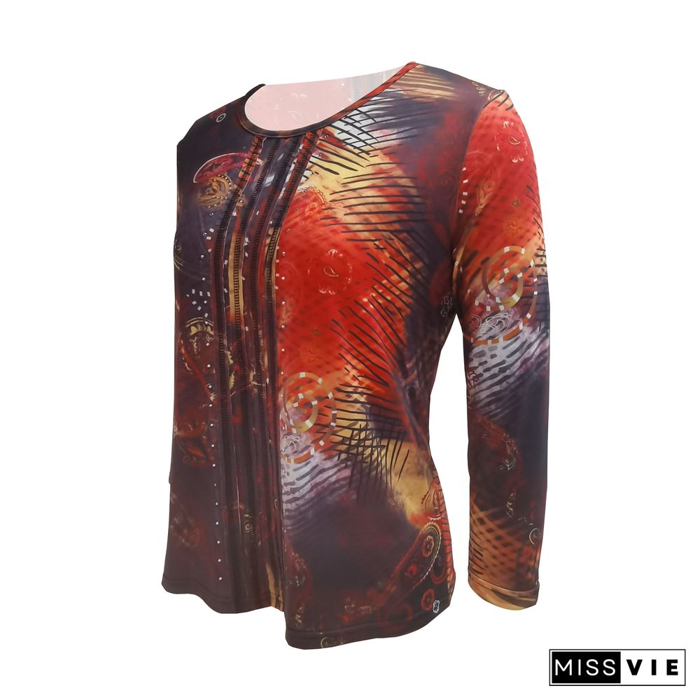 Y2K Autumn Womens Vintage Slim Round-neck Stitch Cropped Tops Ladies Retro Printed Long