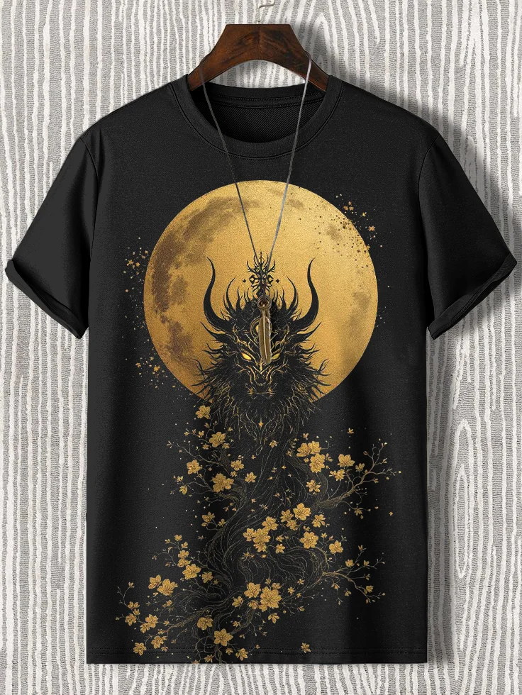 Men's Dragon And Cherry Blossoms Under The Moon Art Print T-Shirt