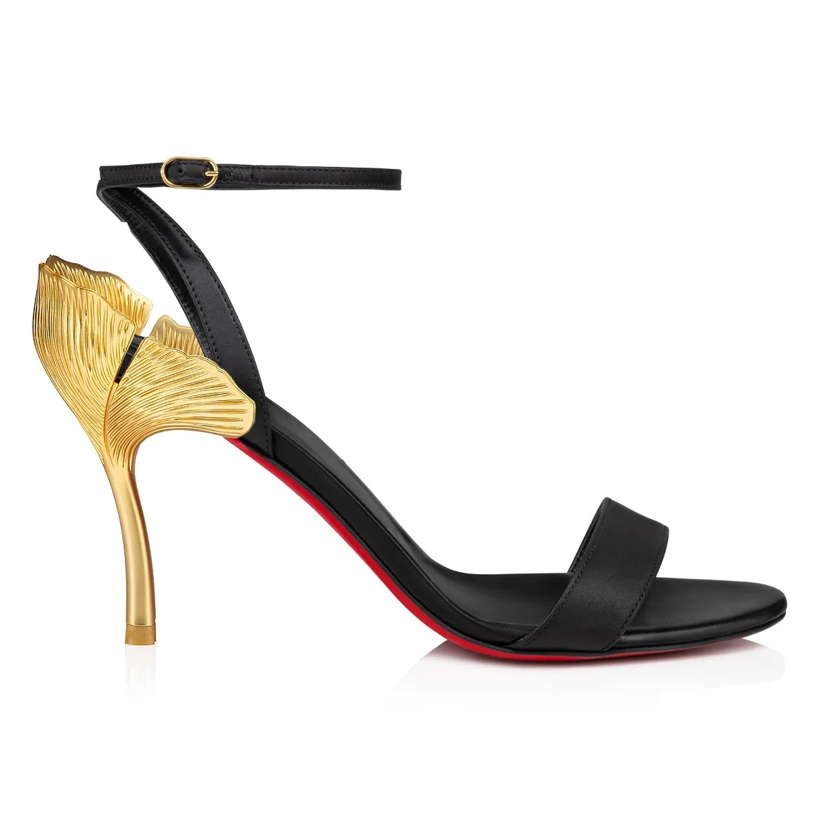 100mm Round Open Toe Ankle Strap High Heel Golden Ginkgo Leaf Heels Sandals Red Bottom Pumps-vocosishoes